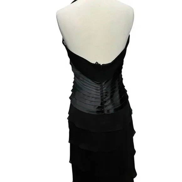 Tadashi Shoji Y2K Halter Dress 12 Black Silk Tiered Layer Cocktail Gown Romantic - Picture 4 of 16